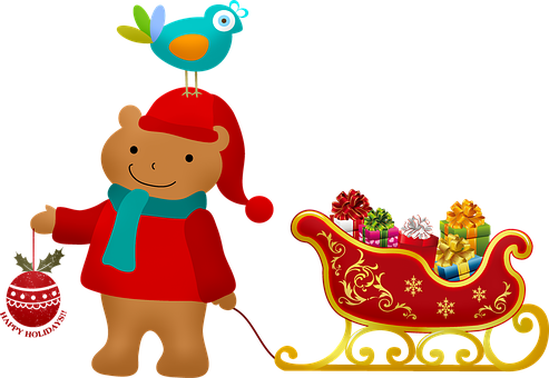 Christmas Bear With Sleigh, Bird On Head - Christmas Characters Vector Png (493x340), Png Download