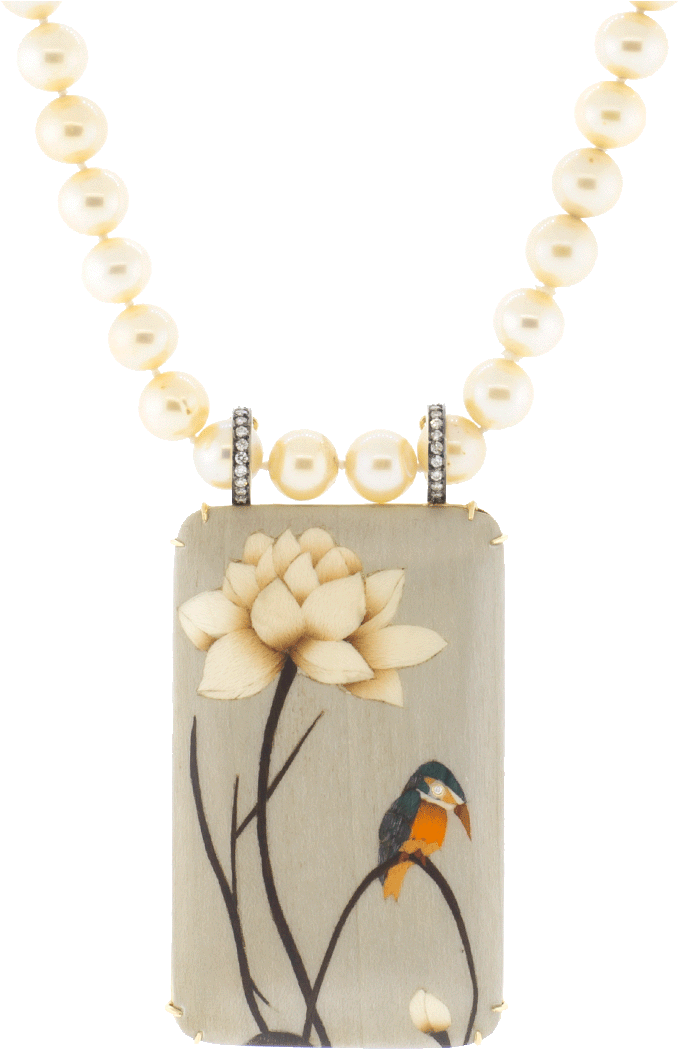 Marquetry Bird Golden Pearl And Diamond Necklace Marissa - Necklace (960x1223), Png Download