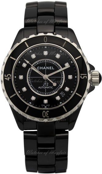 H1626 Chanel J12 Black Ceramic Diamonds Indicators - Inox Carbon (600x600), Png Download