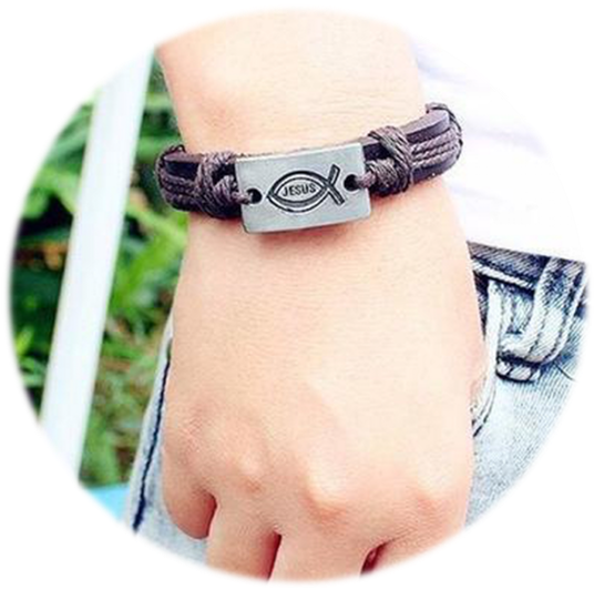 Leather Jesus Fish Bracelet Band - Mens And Womens Religious Leather Bracelets (569x565), Png Download