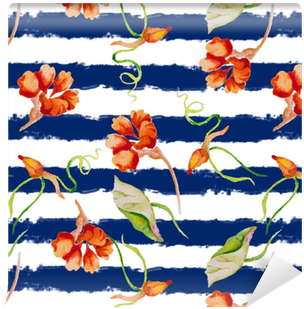 Nasturium On The Striped Nautical Background - Watercolor Painting (400x400), Png Download