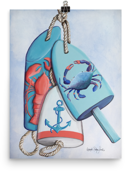 Original Coastal Theme Artwork With Buoys, Lobster, - Cartoon (1000x1000), Png Download