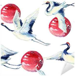 Watercolor Asian Crane Bird Seamless Pattern Sticker - Grue Asiatique (400x400), Png Download
