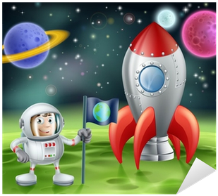 Cartoon Astronaut And Vintage Rocket Sticker • Pixers® - Lamina De Un Astronauta (400x400), Png Download