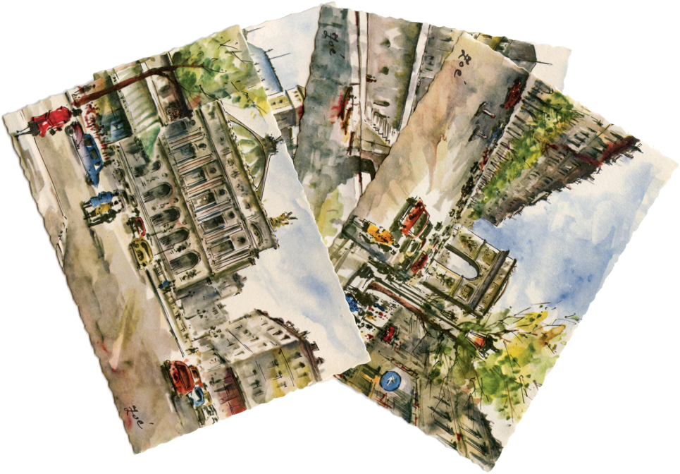 4 Paris Watercolor Print Postcards By Zoe Circa 1950-1960s - Sketch (964x964), Png Download