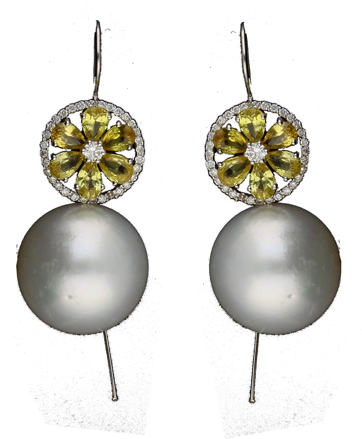 South Sea Pearl Earrings With Diamond & Yellow Sapphire - Sapphire (1984x1989), Png Download