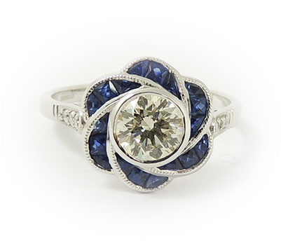 18k White Gold Art Deco Diamond And Sapphire Ring - Product (400x400), Png Download