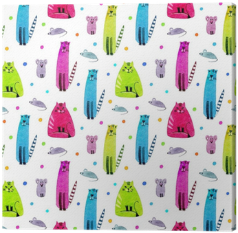 Seamless Pattern Of A Funny Cat, Mouse And Balls - Watercolor Painting (400x400), Png Download