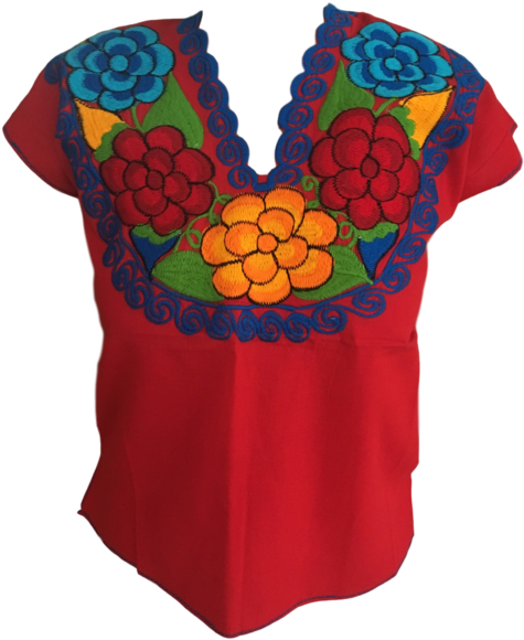 Red Mexican Blouse With Flowers - Blouse (495x600), Png Download