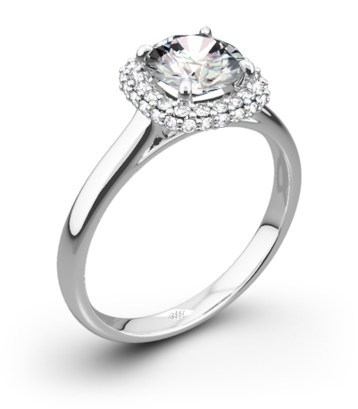 Selene Solitaire Engagement Ring - 3 Stone Engagement Ring With Halo (500x500), Png Download