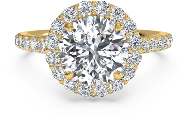 French-set Halo Pave Engagement Ring In 18k Yellow - Round Halo Engagement Ring With Diamond Band (640x430), Png Download