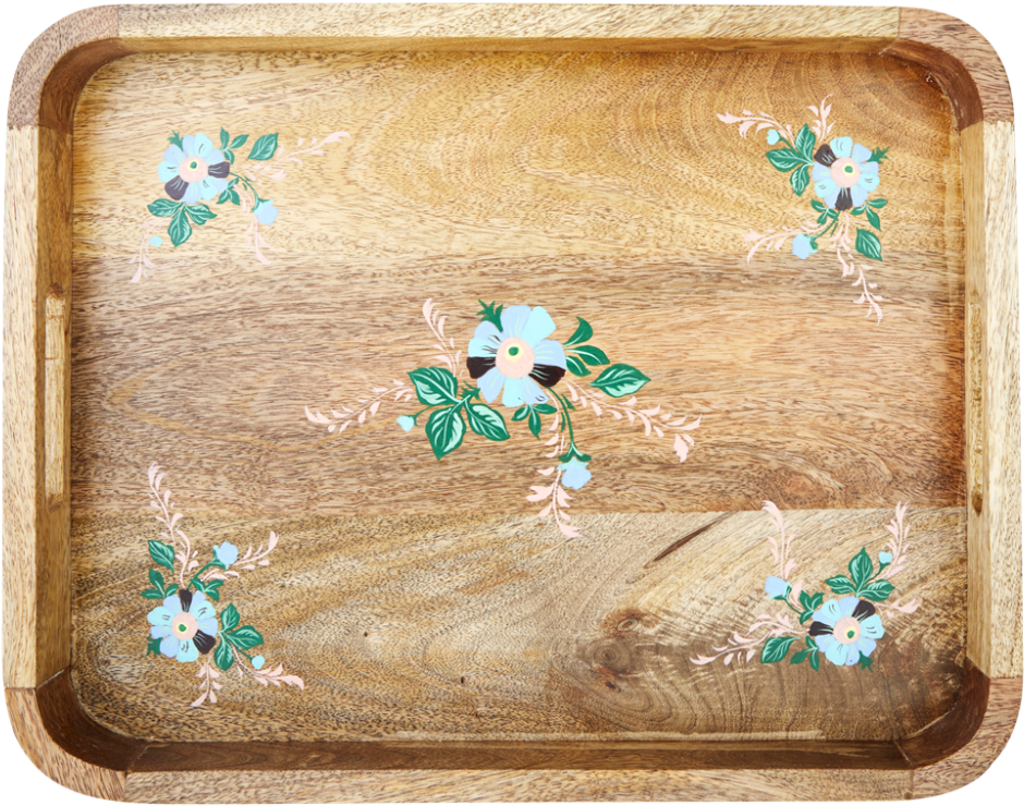 Wooden Tray With Hand Painted Blue Flowers By Rice - Tray (1000x1000), Png Download