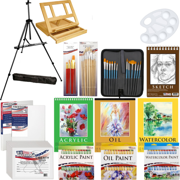 Deluxe Artist Painting Set With Aluminum Floor Easel - Us Art Supply (600x600), Png Download
