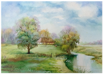 Watercolor Landscape Collection - Designart - Village Life - Landscape Art Print Canvas (400x400), Png Download