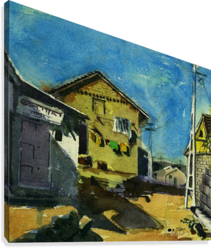 Village Huts Canvas Print - Painting (428x502), Png Download