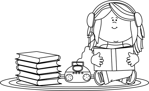 Black And White Girl Listening To A Book On A Cd Player - Listening Clipart Black And White (600x368), Png Download