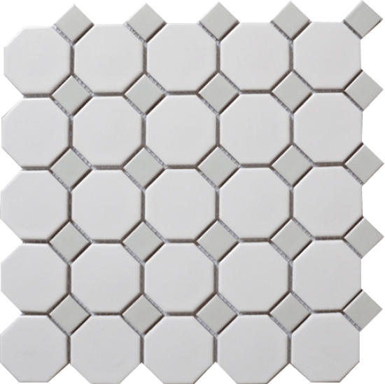 Snow White Octagon With Grey Dot Porcelain Mosaic Tile - Grey And White Octagon Tile (550x548), Png Download