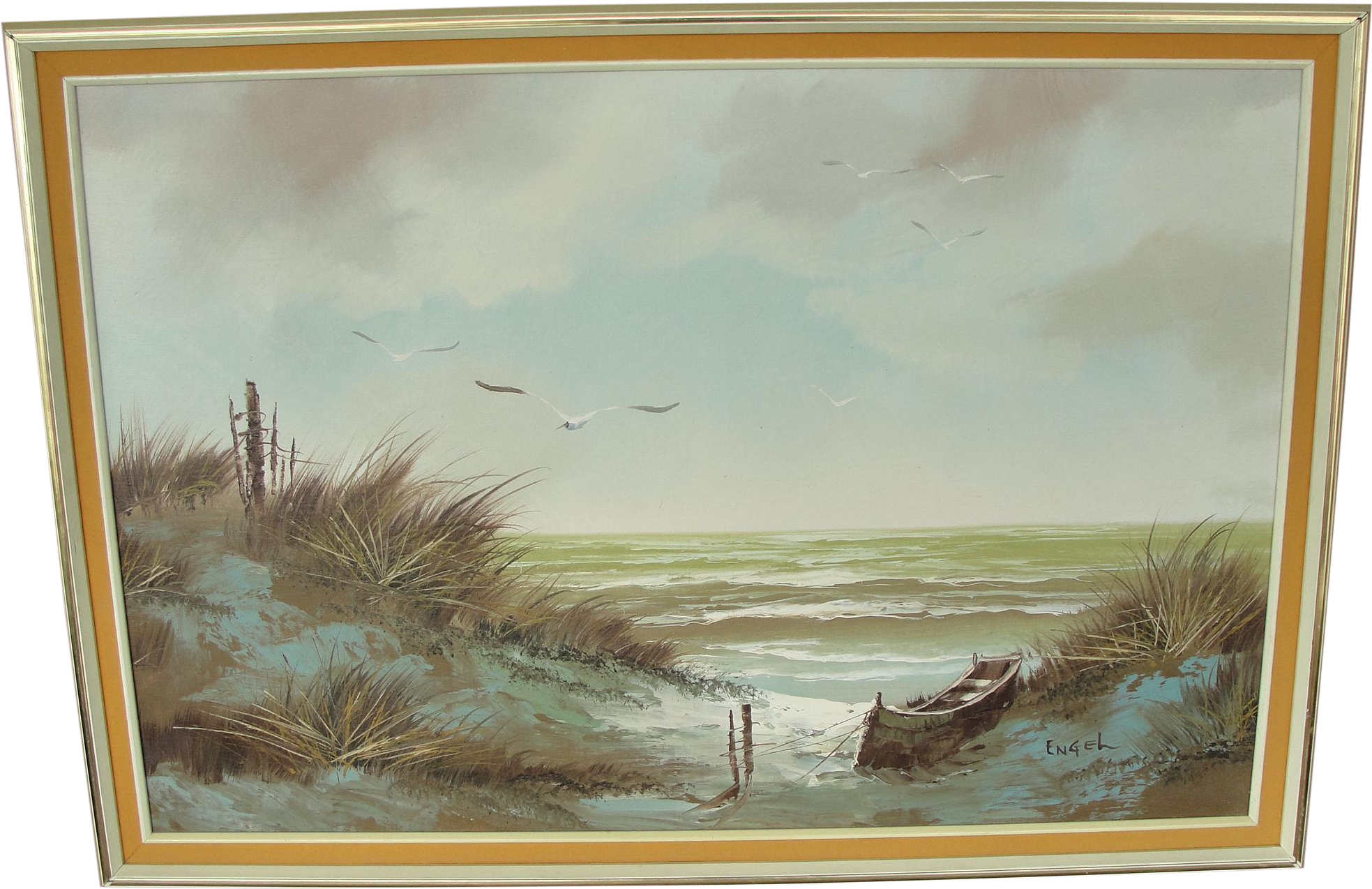Engel Vintage Oil On Canvas Beach Seascape Painting - Picture Frame (2184x1414), Png Download