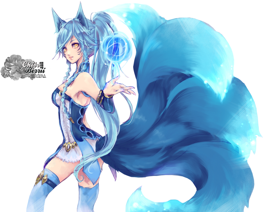 Blue Hair Anime Fox Girl (1019x784), Png Download