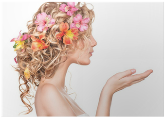 Beauty Girl With Flowers Hairstyle And Open Hands Poster - Pure Vitality Beauty Nail Polish Remover - 100% Natural (400x400), Png Download