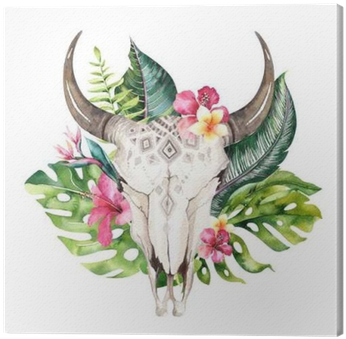 Watercolor Bohemian Cow Skull And Tropic Palm Leaves - Boho Cow Skull And Flowers (400x400), Png Download