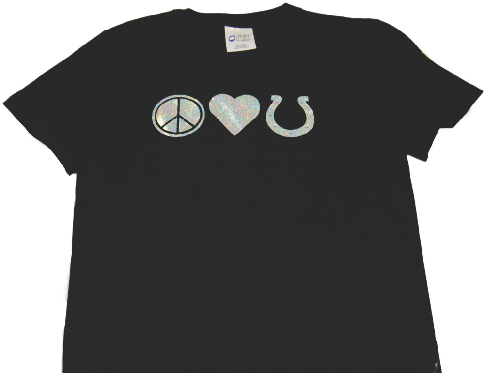 Ladies T-shirt With Peace, Love, Horseshoe Embellishment (1000x777), Png Download