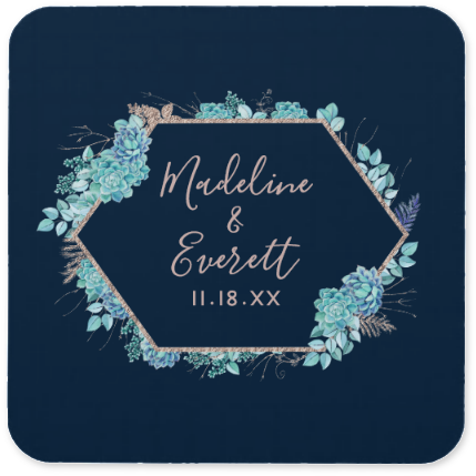 Blue & Aqua Watercolor Succulents Rose Gold Foil Frame - Wedding (467x506), Png Download