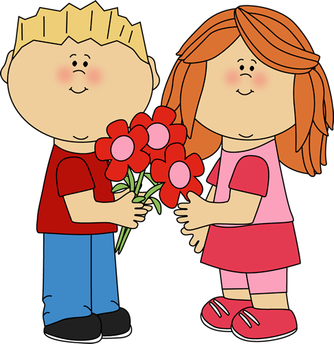 Kids With Valentine's Day Flowers Clip Art - Valentine Kids Clipart (486x500), Png Download