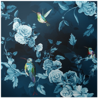 Humming Bird, Roses, Peony With Leaves On Dark Blue - Hip Dekbedovertrek Chachou Katoensatijn 140 X 220 Cm (400x400), Png Download