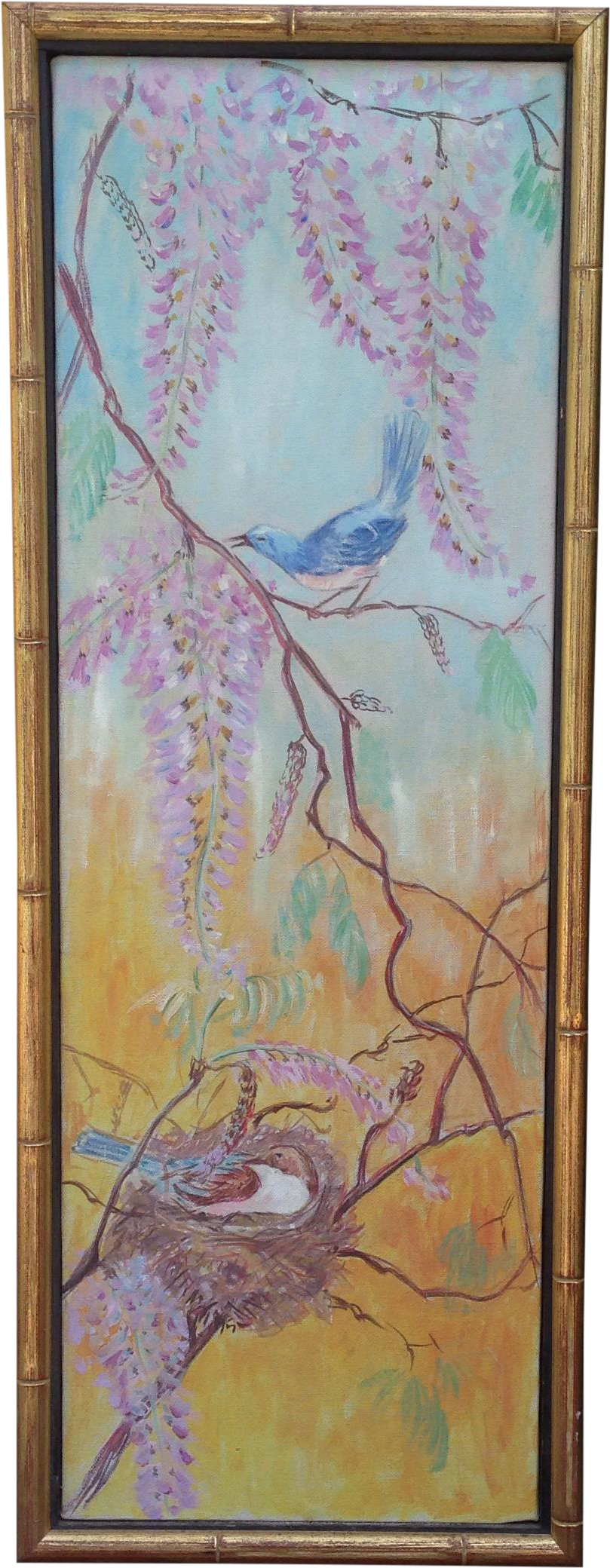Bright Bird Oil Painting In Faux Bamboo Frame - Painting (898x2310), Png Download