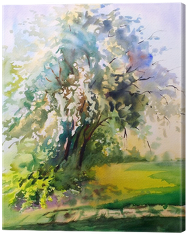 Watercolor Painting Of The Blooming Spring Tree Canvas - Watercolor Painting (400x400), Png Download