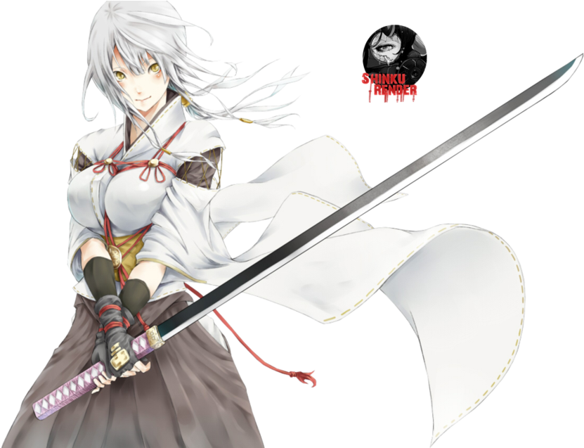 Anime Girl With Katana - White Hair Yellow Eyes (900x636), Png Download