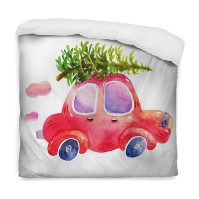 Watercolor Winter Retro Car With Christmas Tree Illustrations - Christmas Tree On Car Drawing (400x400), Png Download