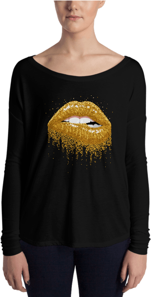 Ladies' Glitter Gold Sparkles Lips Long Sleeve Tee - Long-sleeved T-shirt (600x600), Png Download