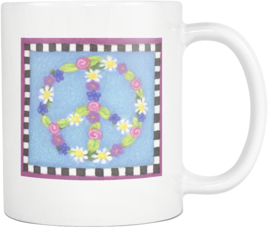 Floral Peace Sign 11oz White Ceramic Coffee Mug - Coffee Cup (600x600), Png Download