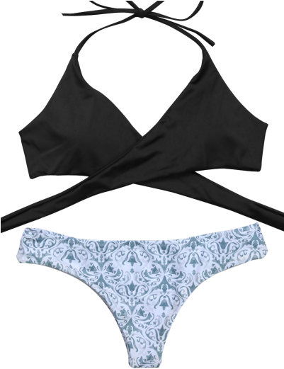 Wrap Bikini Top And Baroque Bottoms - Bikini Top Black And White (400x532), Png Download
