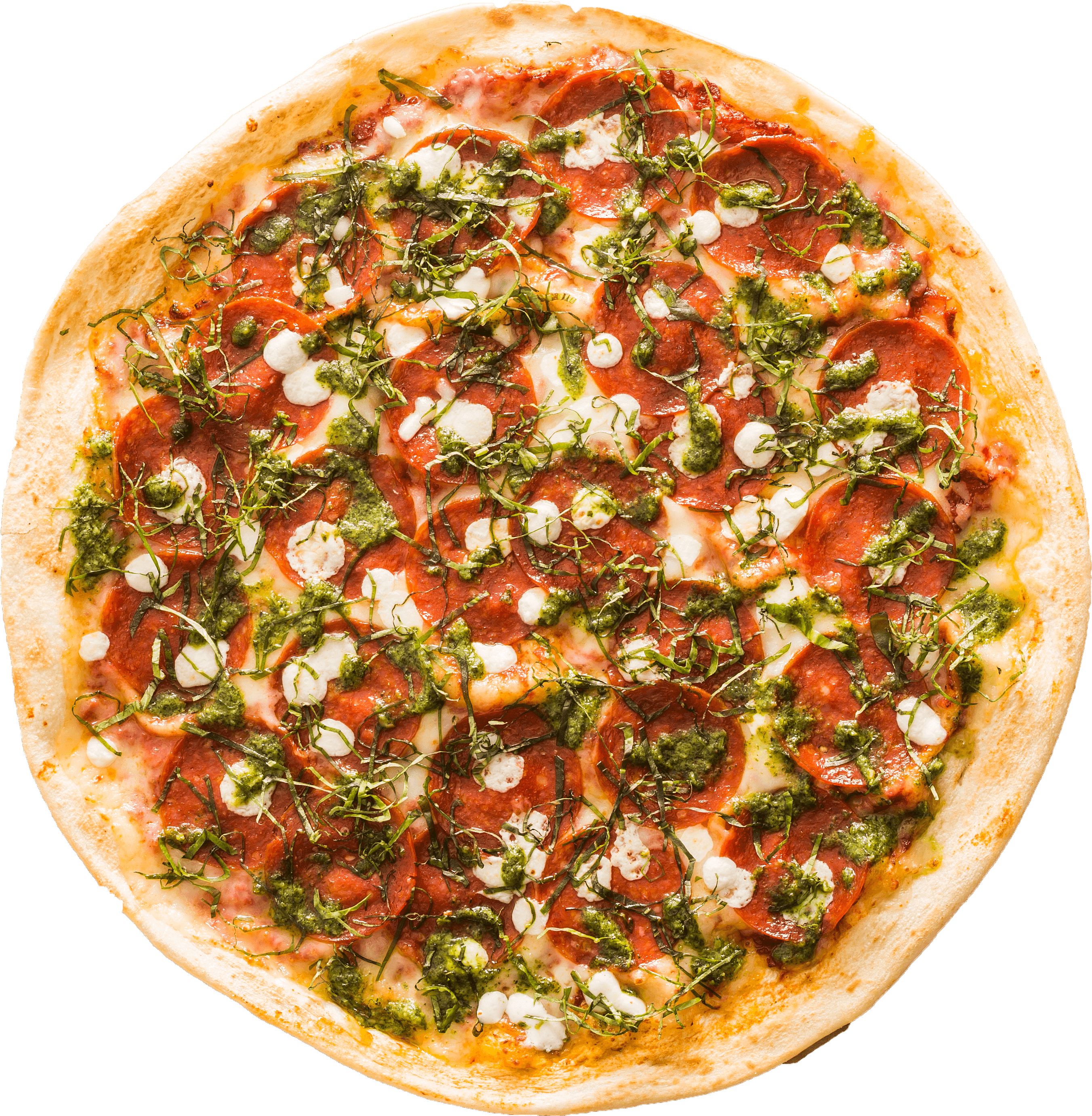 Pepperoni, Fresh Mozzarella, Pesto, Basil, & Red Tomato - Пицца Пнг (2710x2770), Png Download