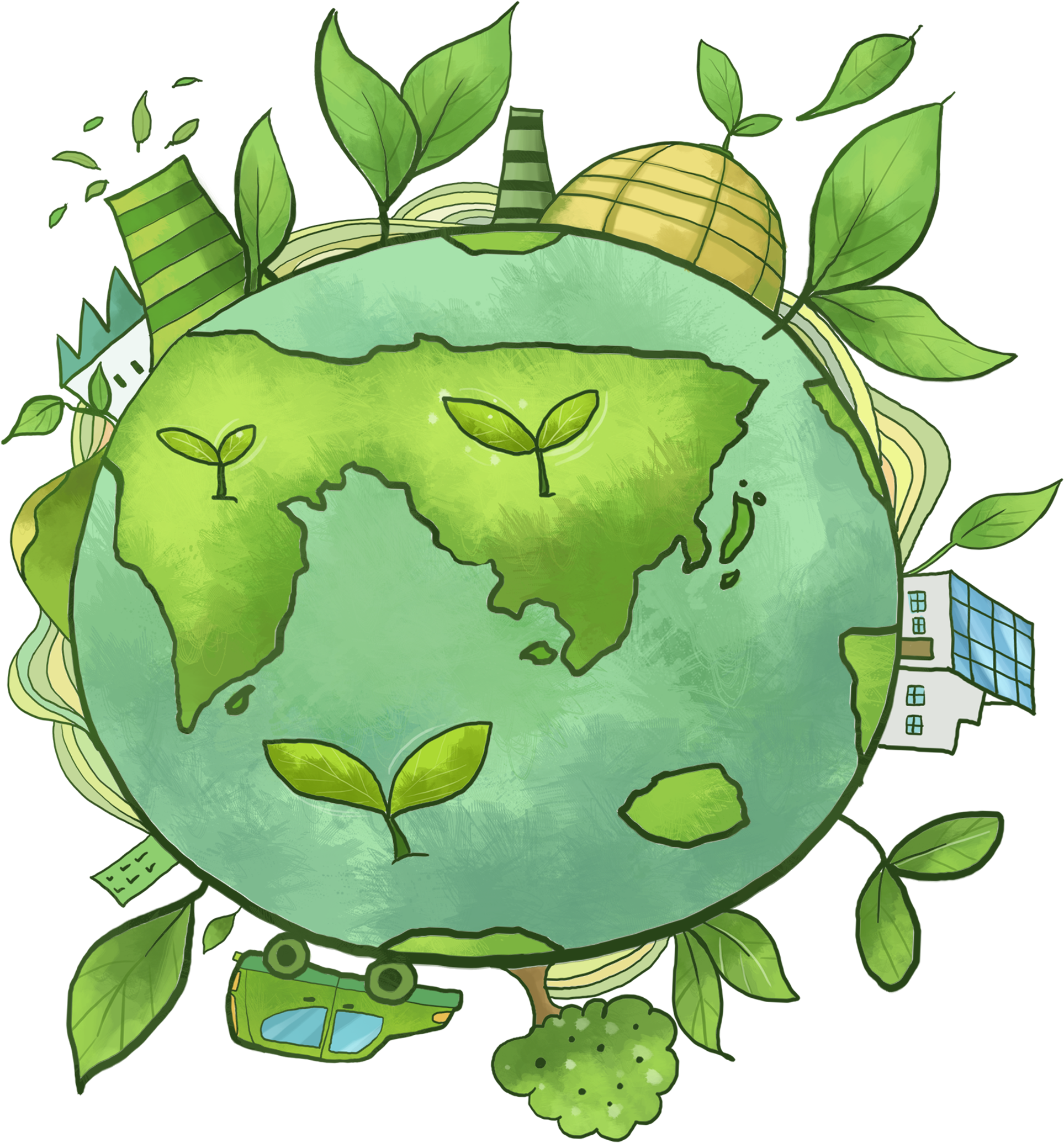 Hand Drawn Cartoon Green Earth Decorative - Environment Background (2266x2484), Png Download