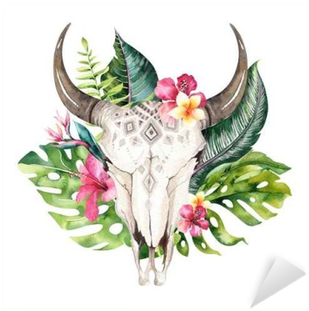 Watercolor Bohemian Cow Skull And Tropic Palm Leaves - Watercolor Cow Skull Boho (400x400), Png Download