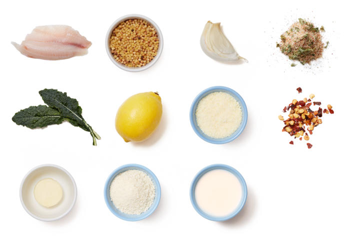 Baked Tilapia & Creamy Kale With Fregola Sarda Pasta - Roasting (700x477), Png Download