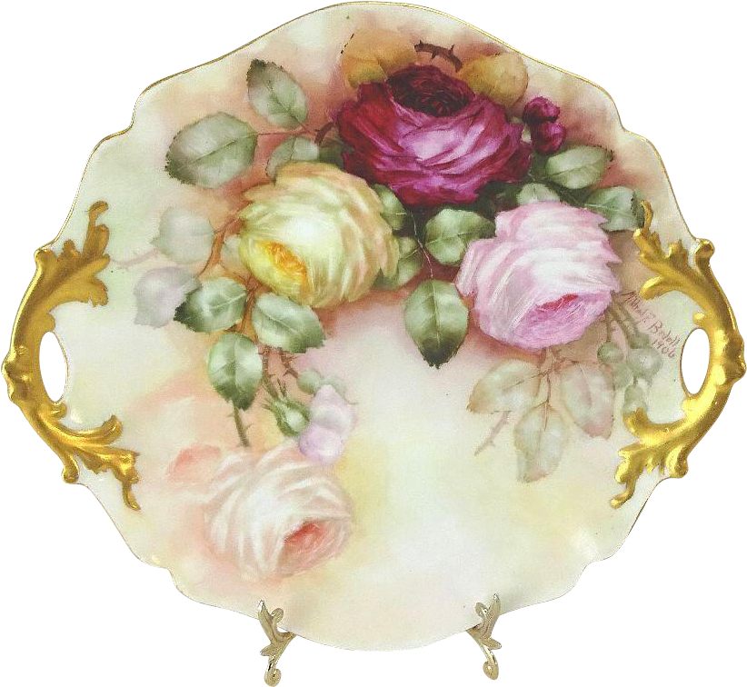 Antique French Limoges Double Handle Hand Painted Plate - Porcelain (821x821), Png Download