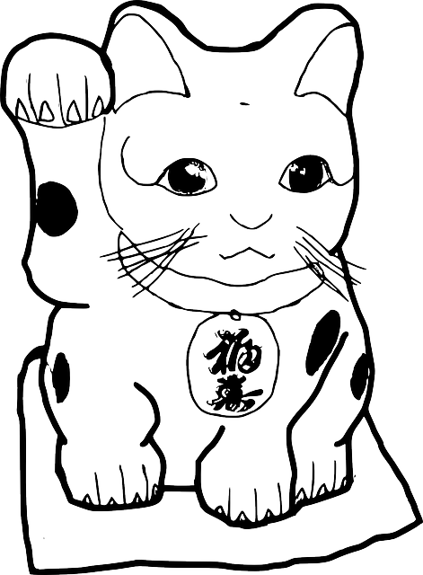 Superstition, Porcelain, Cat, Fortune, Chinese, Waving - Lucky Cat Colouring Page (471x640), Png Download