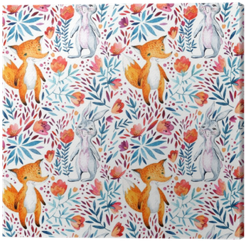 Watercolor Ornate Flowers And Cute Fox Canvas Print - Watercolor Painting (400x400), Png Download