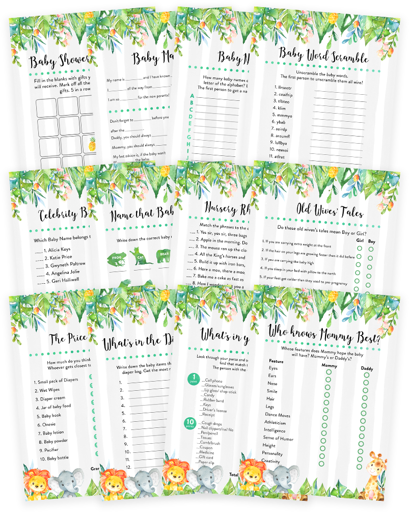 Safari Jungle Elephant, Lion Giraffe Baby Shower Game - Game (819x1024), Png Download