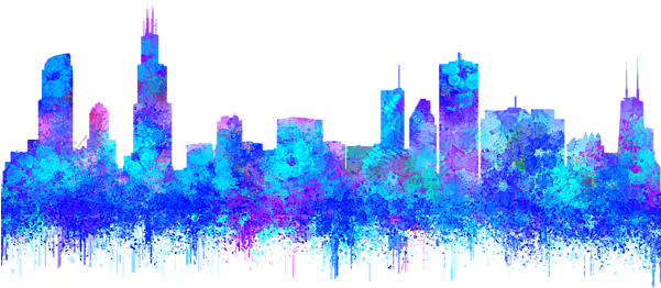 Watercolour Splashes And Dripping Effect Chicago Skyline - Watercolor Painting (600x321), Png Download