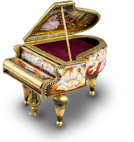 Vintage Enamel And Gilt Metal Grand Piano Musical Box - Piano (673x500), Png Download