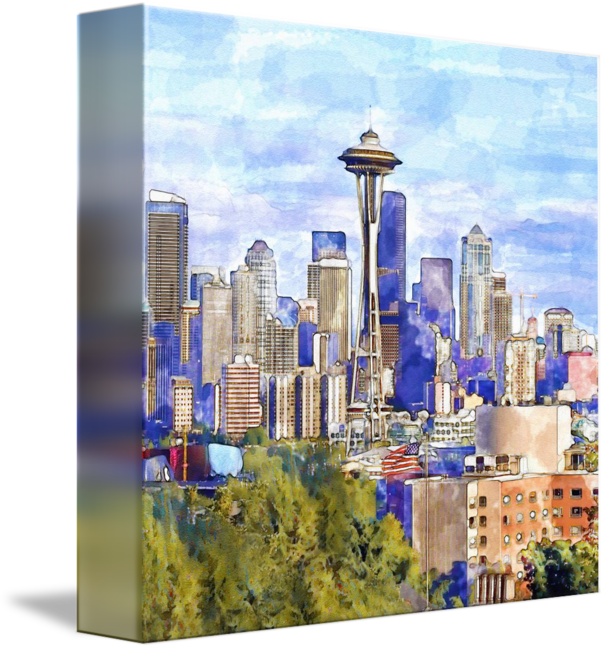"seattle View In Watercolor" By Marian Voicu, - Cityscape (606x650), Png Download