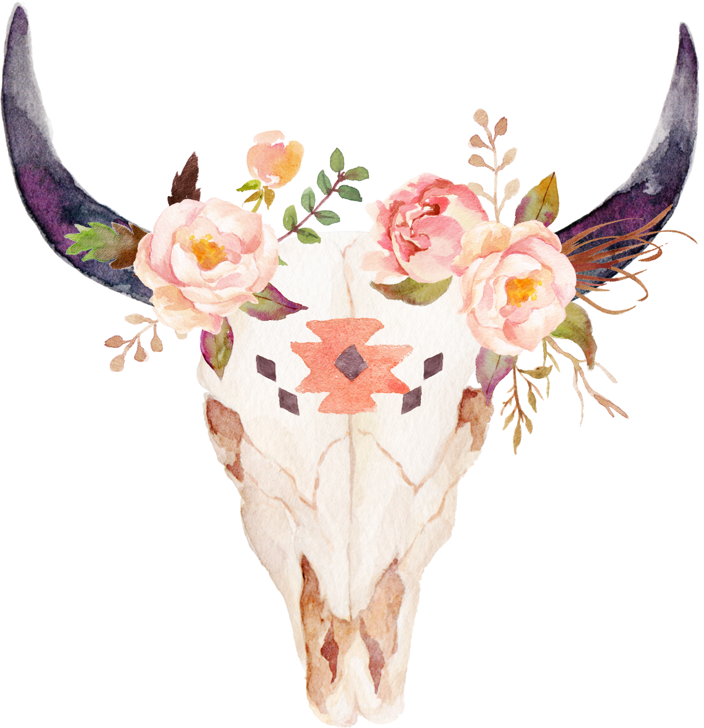 Longhorn Skull With Flowers (1500x1534), Png Download