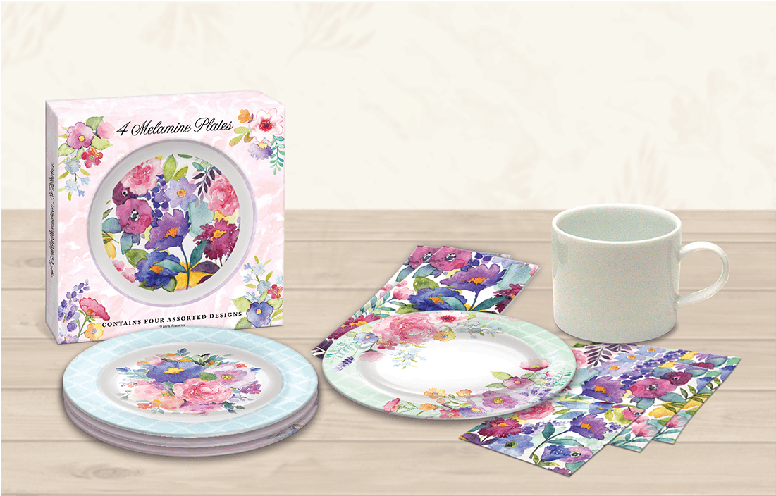 Floral Peacock Melamine Plate Set - - Punch Studio Peacock Floral Plate - Set Of Four (1200x1200), Png Download