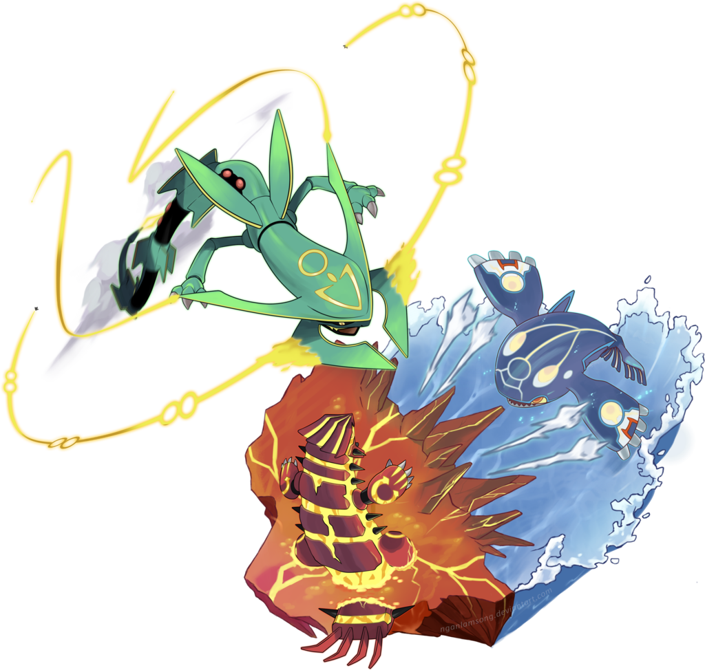 Ancient Battle By Nganlamsong - Pokemon Mega Rayquaza Groudon Kyogre (1024x974), Png Download